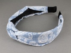 Light Blue denim turban knot headband fabric covered grip teeth paisley chambray