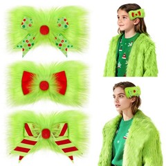 3 PCS 6 Inch Green Christmas Hair Bows Clips Festive Holiday Hair Accessories