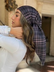 Scarf Bar Versatile Pretied Charcoal Plaid Headscarf with Velvet Grip