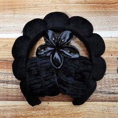Black Plastic & Fabric Hair Clip with Padded Flower Accent, Solid Pattern Women