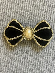 Vintage Gold Tone Black Hair Barrette/Clip with Central Faux Pearl 4″ (127)