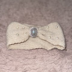 Women’s Beige Knit Stretch Bow Headband with Beaded Accents & Button, Solid