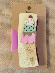 Hand Painted Wood Cut Summertime Ice Cream Claw Clip On Pink Clip 4.1″