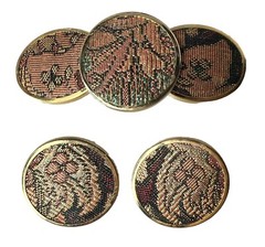 Gold Black Teal Brocade Fabric Covered Button 1” Earrings Hair Clip 3.75” VTG