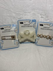 b.pure Women’s 3pc Hair Clip Set Pearl Rhinestone Bow, White & White w/Rose Gold