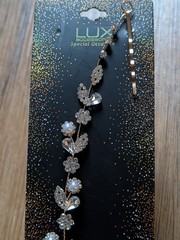 Lux Accessories Bridal Prom Hair Clip Gold Pearl Diamond Flower 2 Pins 12″ Stran