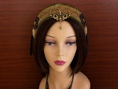 MF-083 Olive Green Tribal Fusion Headpiece Gold Rhinestone Festival Headband
