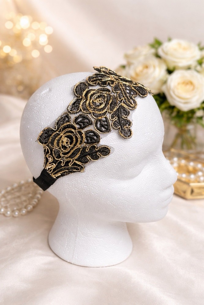 Black Lace Floral Headband Gold Trim Stretch Hair Band Elegant Boho Formal