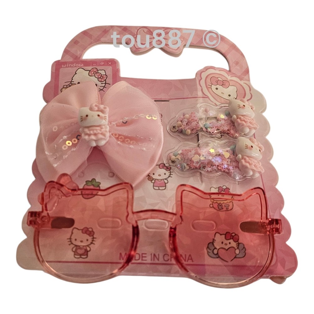 Pink Cartoon Kitten Hair Accessories Set Girls Sunglasses Bow Hairpins Cute Gift