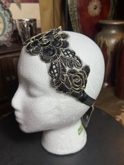 Black Lace Floral Headband Gold Trim Stretch Hair Band Elegant Boho Formal