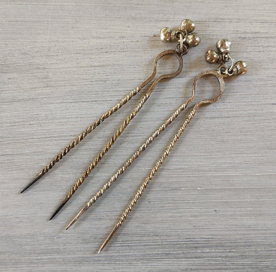 Pair of Antique Victorian Twisted Silver Alloy Hair Pins w/ Dangling Beads