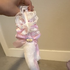 Pink & White Bunny Ears Headband Faux Fur Lace Satin Bow Lined Solid