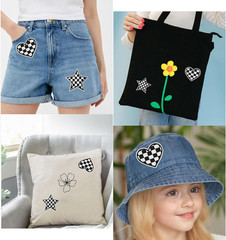 16Pcs Black&White Checkered Heart&Star Western Iron on Embroidered Set, Contains