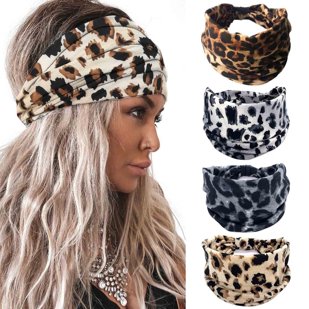 Women’s Leopard Wide Headbands 4Pcs Elastic Non Slip Hairbands
