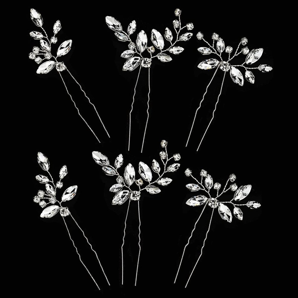 6 PCS Silver Leaf Bride Hair Pins Crystal Rhinestone Bridal Wedding Clips