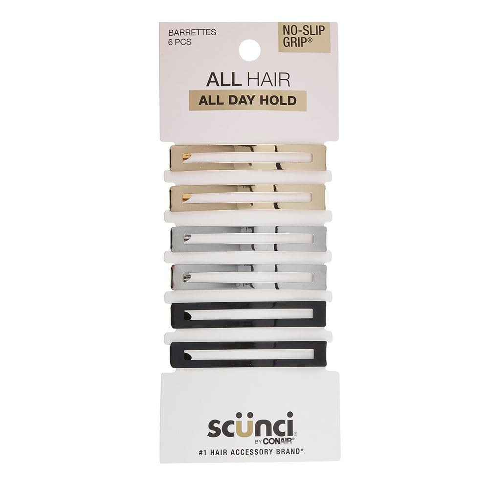 Scunci No Slip Grip Barrettes Hair Clips Gold Black Silver 6 Count