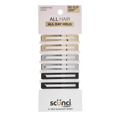 Scunci No Slip Grip Barrettes Hair Clips Gold Black Silver 6 Count