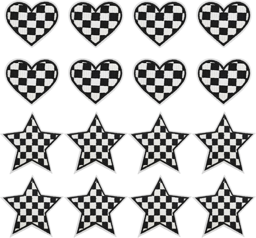 16Pcs Black&White Checkered Heart&Star Western Iron on Embroidered Set, Contains