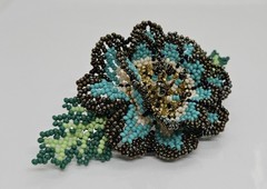 Large Beaded Blue Green Barrette Glass Beaded Flower Design