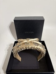 Prada Beige Silk Satin Crystal Bow Headband