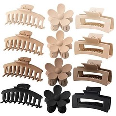 Large Hair Claw Clips 12 Pack, Flower Hair Clips Black, Coffee, Khaki, Beige