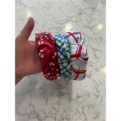 Lot of 3 Fabric Covered Knot Headbands Checkered Americana Faux Pearl
