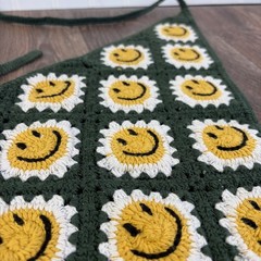 Green Yellow & White Crochet Smiley Face Granny Square Handkerchief Head Scarf