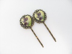 Heart Bobby Pins Vintage Violet Flower Vintage Bohemian Antiqued Brass Gift