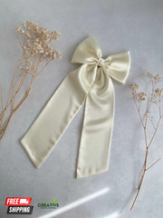 Satin with Long Tail Big Ivory Single Bow with Barrette Bridal Ivory Satin Hair