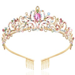 TAROSE Rainbow and Gold Crowns for Women, Queen Crystal Tiaras with Colorful …