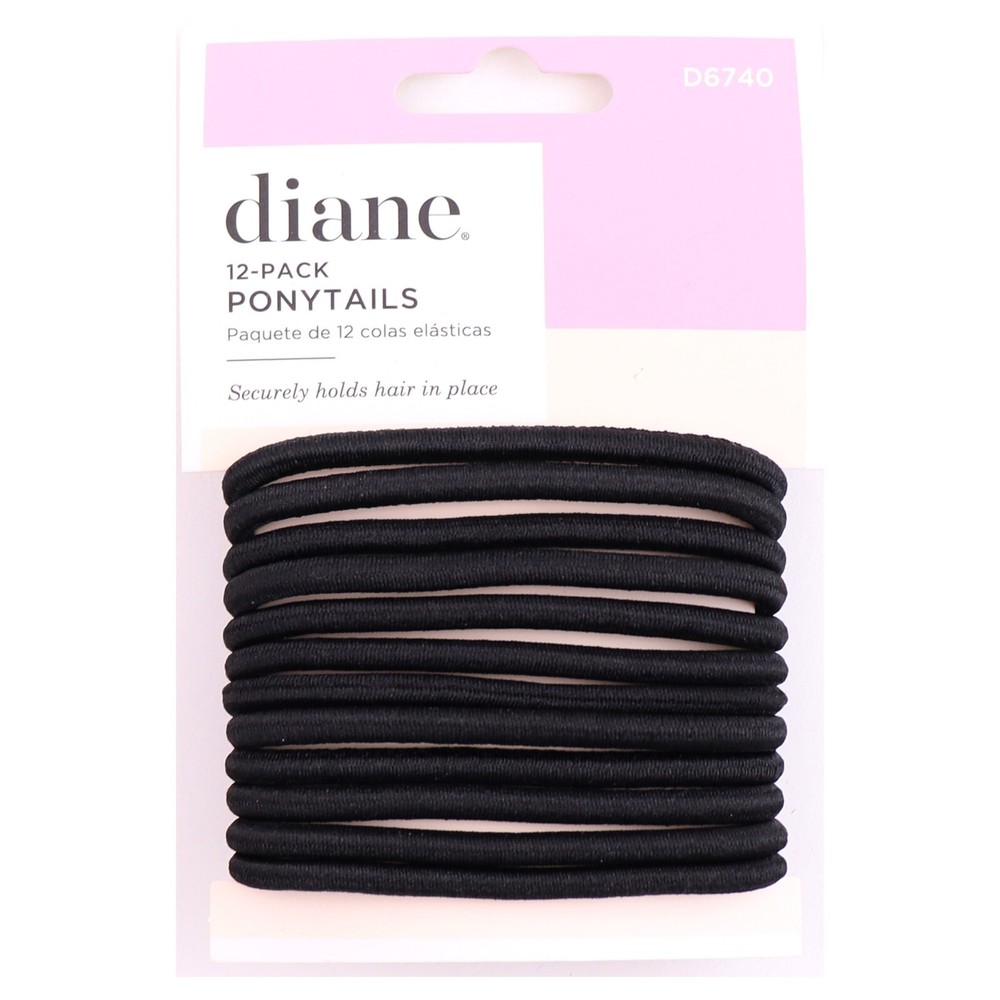 Diane Hair Ponytail Holders Black 12 Ct – No-Slip Elastics for All Hair Types