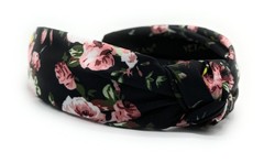 Summer Satin Black Rose Floral Pattern Knotted Headband for Women Silk Feel