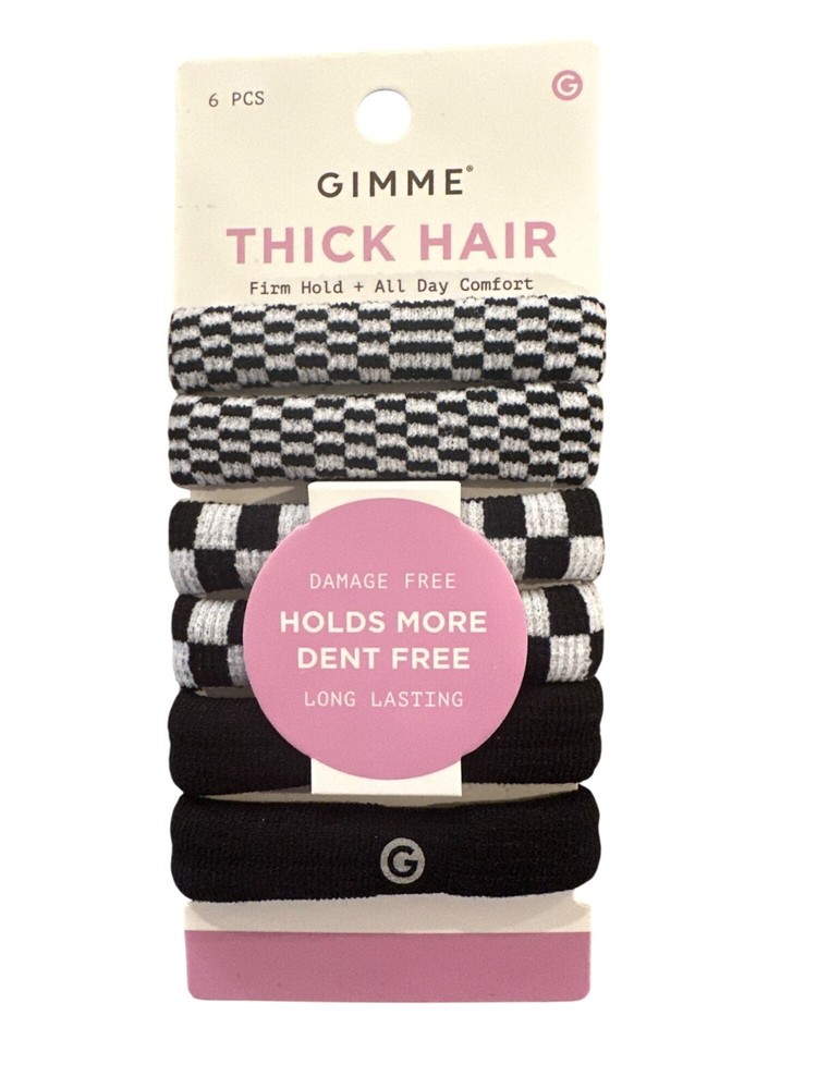 Gimme 6pc Thick Hair Bands Firm Hold Elastic Black+White Snag +Dent +Damage Free