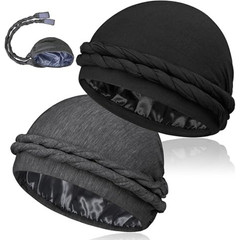 2PCS Satin Lined Turban Head Wraps for Men Silky Hair Protection Scarf