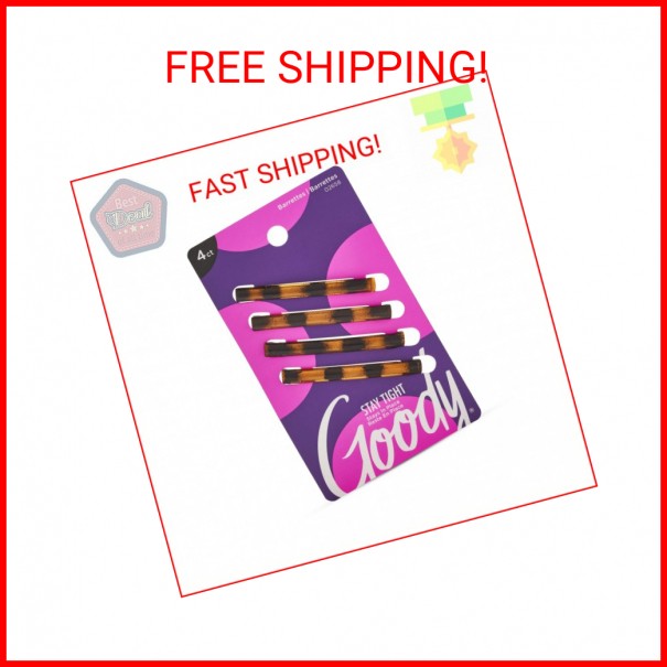 Goody Stay Tight Hair Barrettes, 4 Ct, Mock Tort, SlideProof Flat Clips, Comfort