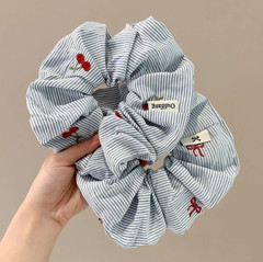 2pcs Blue Striped Cherry Bow Scrunchie Soft Hair Tie Korean Style – NEW