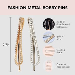 Kitsch Rhinestone Hair Accessories, Teardrop Bobby Pins, Gold & Silver, 4 ct