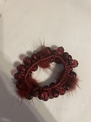 Vintage Bordeaux Rabbit Fur Poms W/ Garnet Beads Ponytail Holder