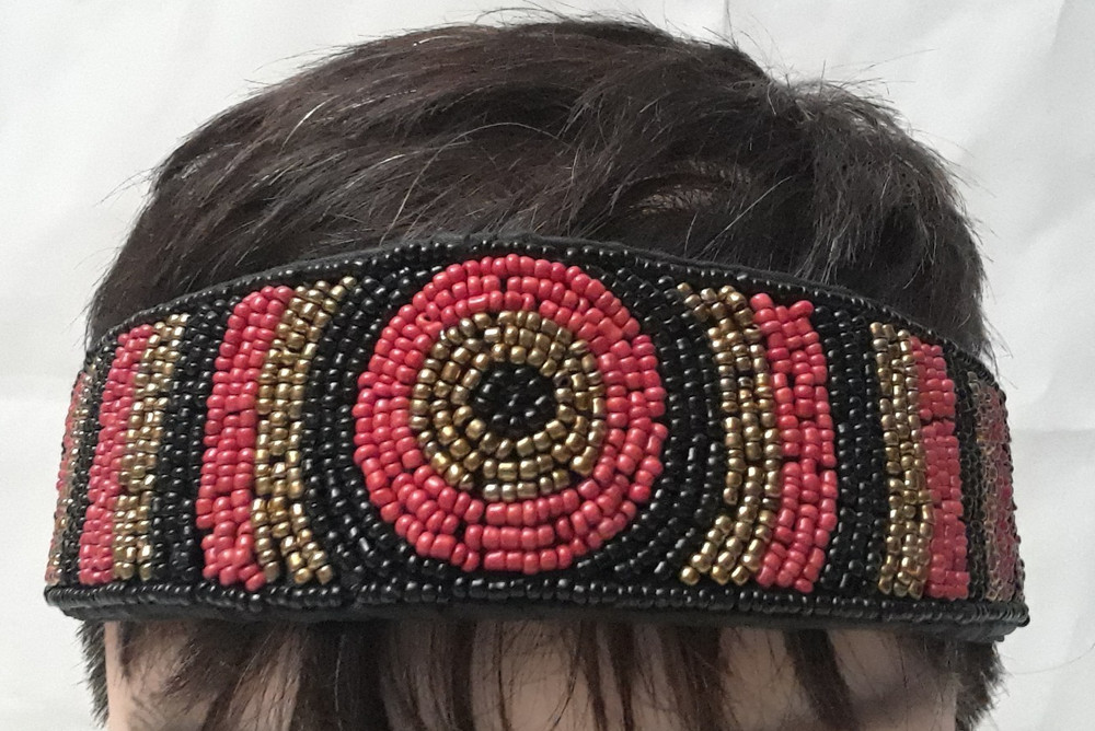 Artist Handcrafted Beaded Gold, Red & Black Stretchable Headband OOAK