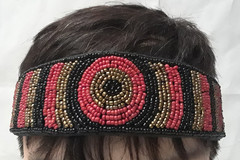 Artist Handcrafted Beaded Gold, Red & Black Stretchable Headband OOAK
