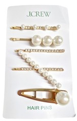 J.Crew Pearl and Crystal Hair Pin Barrette Set of 5 in Pearl Goldtone Brass New