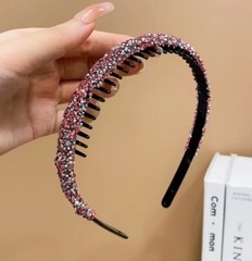 Pink Black Headband Glitter Beaded Embellished Women Teen Hairband Accessory