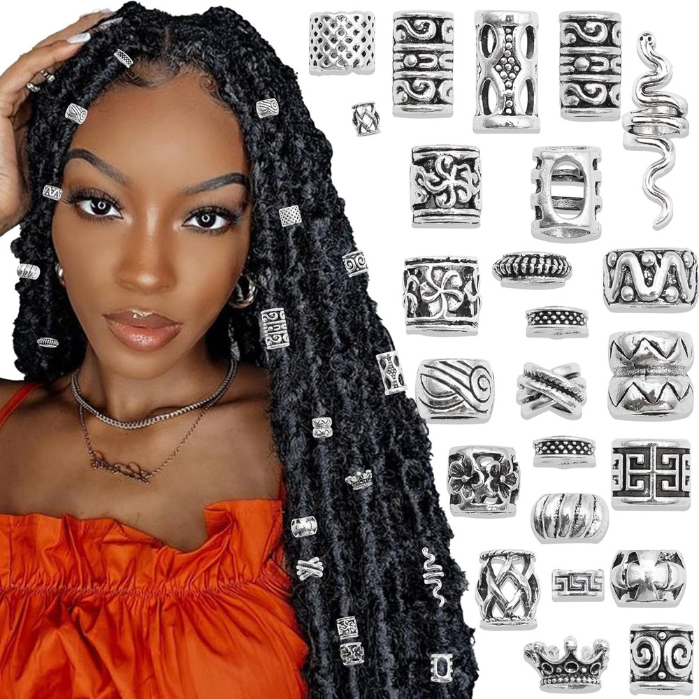 26PCS Silver Hair Beads Loc Jewelry – Dreadlocks Accessories, DIY Braids Rings,