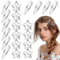 20 Pcs Star and Teardrop Hair Clips Set, Cute Snap Metal Barrettes & Silver