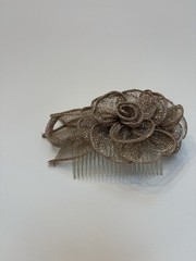 Women’s Metal & Fabric Hair Comb, Silver/Beige Flower Shape with Bow Accent