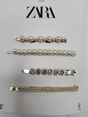 NEW ZARA SET 4 HAIR CLIPS GOLD PINS ACCESORRIES RHINESTONES FAUX PEARL 5716A