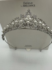 Believe by Brilliance Fine Silver Plated Tiara Crown Cubic Zirconia Pearls Bride