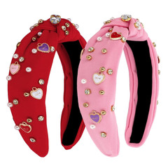 2 PCS Valentines Headbands for Women Cute Heart Knot Hairband White Pearl Rhines
