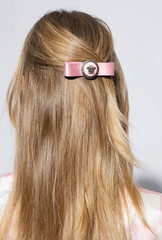 NWT Versace Pink Gianni Ribbon Medusa Tribute Logo Satin Bow Hair Clip Barrette