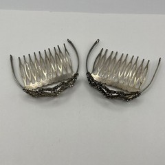 Vintage Silver Tone Hair Combs Rhinestone Heart Tiara Bridal Wedding Set of 2